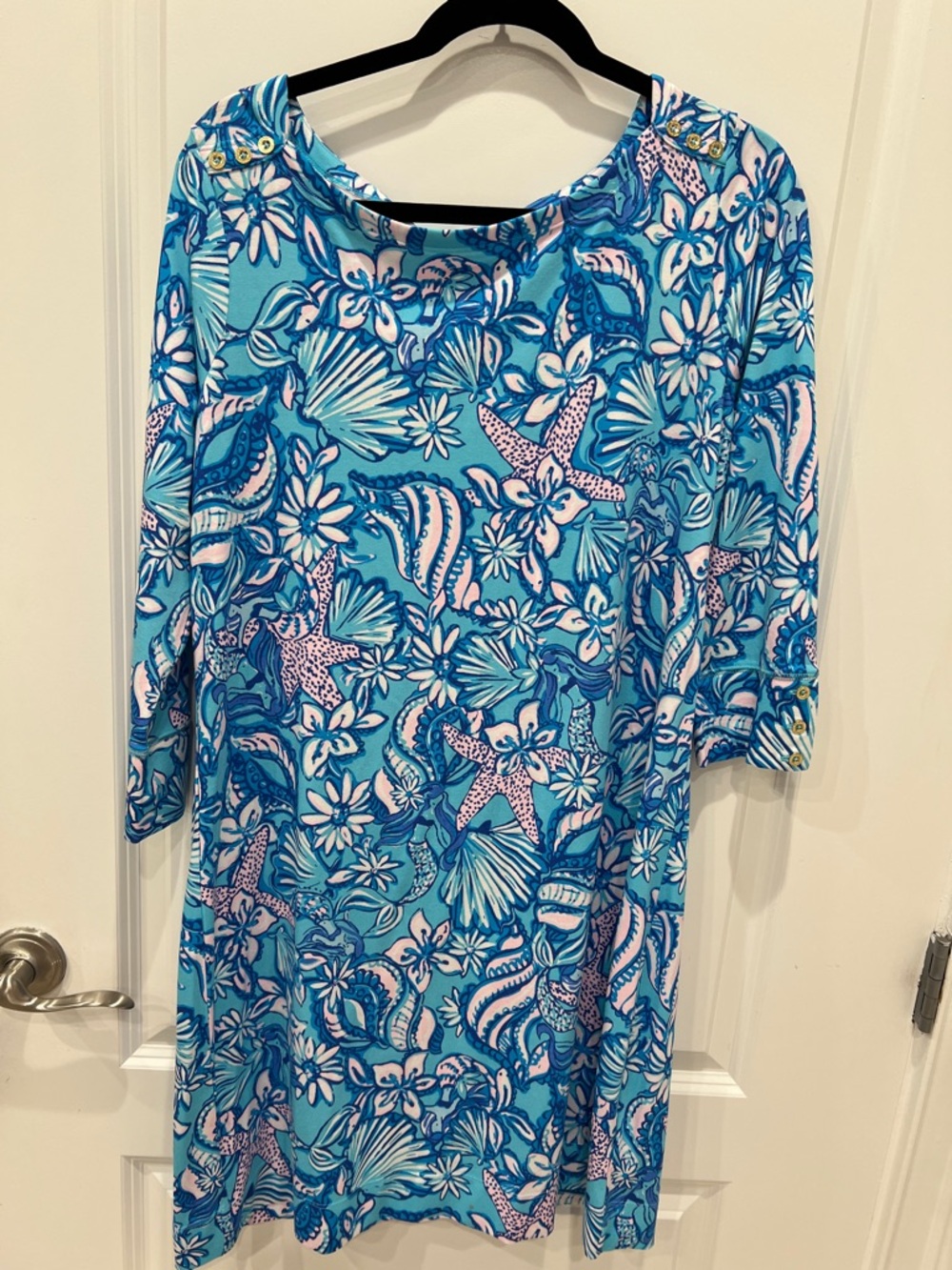 Lilly Pulitzer Blue Tropical Floral Shift Dress with Pink Accents